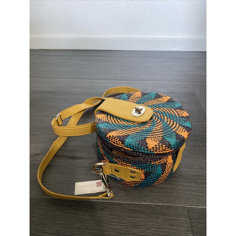Tania Francisca Yellow Teal Leather & Straw woven Shoulder Bag round circle New